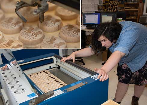 A Tangico worker inspects newly engraved products. Inset: close up of wine stoppers in engraver