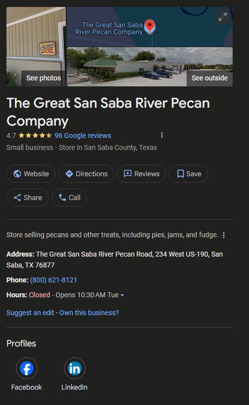 Great San Saba River Pecan Company Google Business Profile